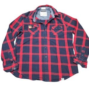 Sota Clothing Co Plaid Shirt‎ L Red Navy Northwoods Slim Fit Minnesota Outdoor